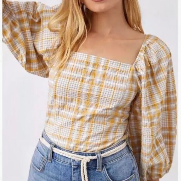Maeve Tops - Anthropologie Maeve Yellow Plaid Square Neck Smocked Balloon Sleeve Top - XL